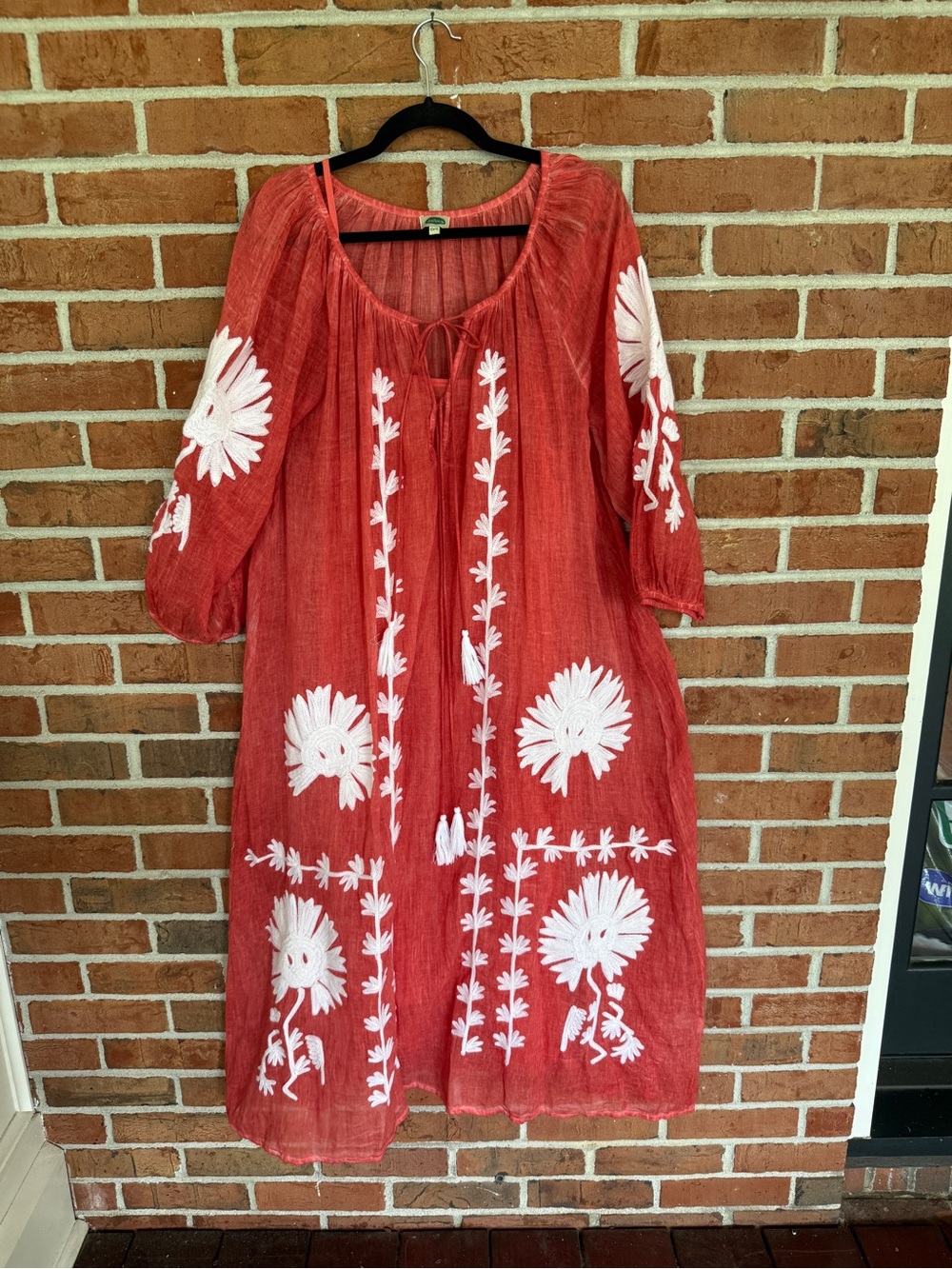 Red Embroidered Maxi Dress with White Floral Detail